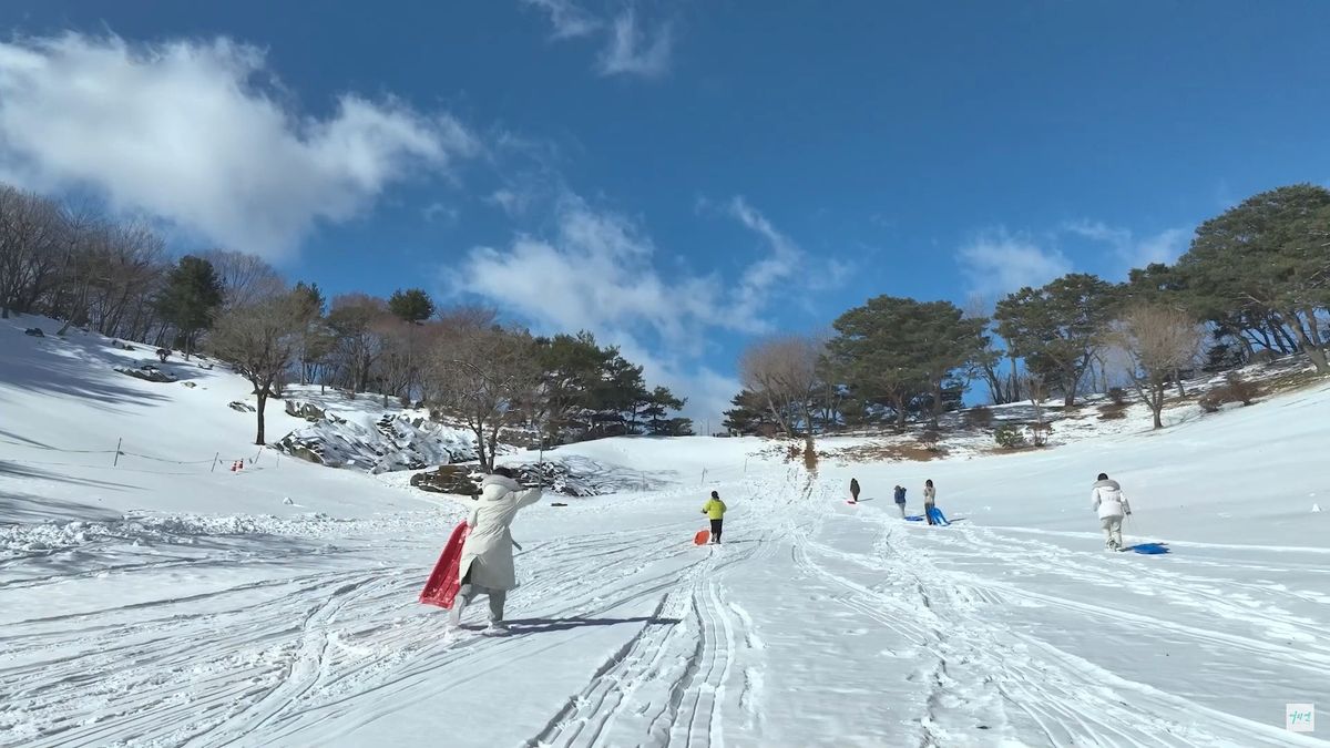 눈이 쌓인 겨울철, 눈썰매를 즐기는 월명동 자연성전 잔디밭